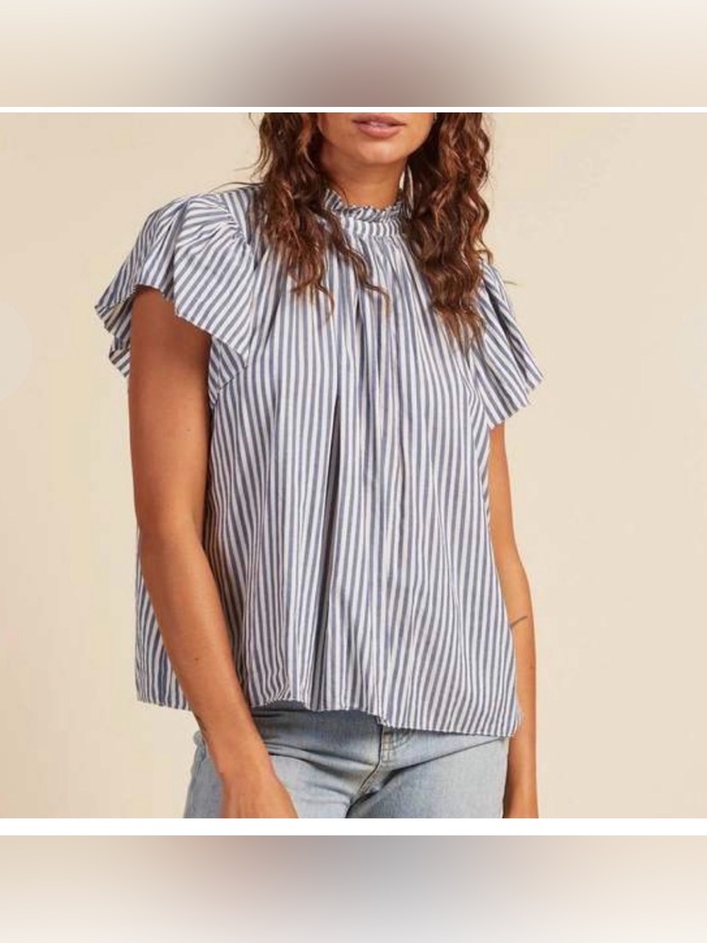 Trovata Birds of Paradis Carla Ruffled High Neck Navy Striped Blouse Top. Size S